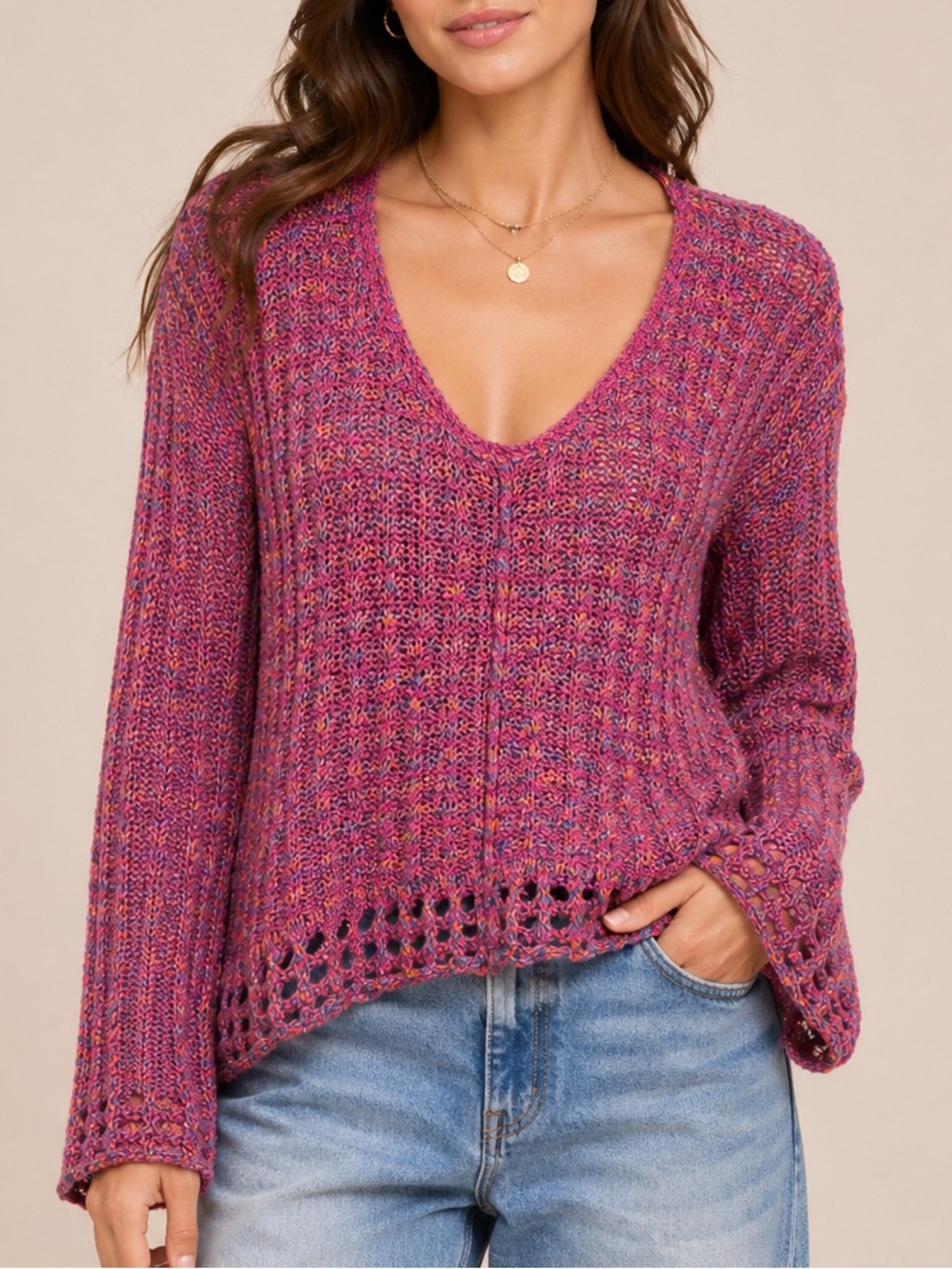 Free People Pink Multicolor Marled Knit V Neck Sweater Open Knit Boho Pullover